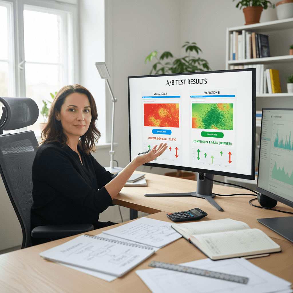 Analyst reviewing A/B test results and conversion heatmap data