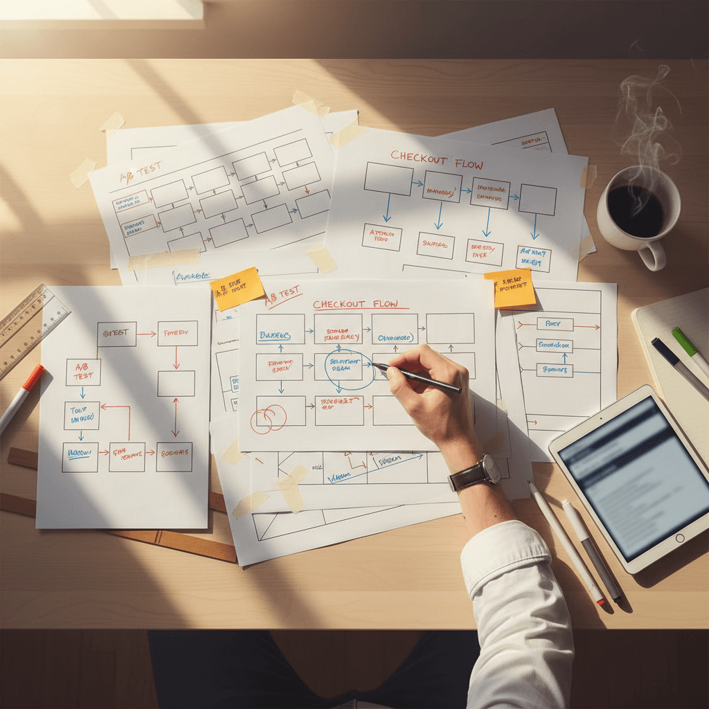 Designer sketching funnel optimization diagram on workspace