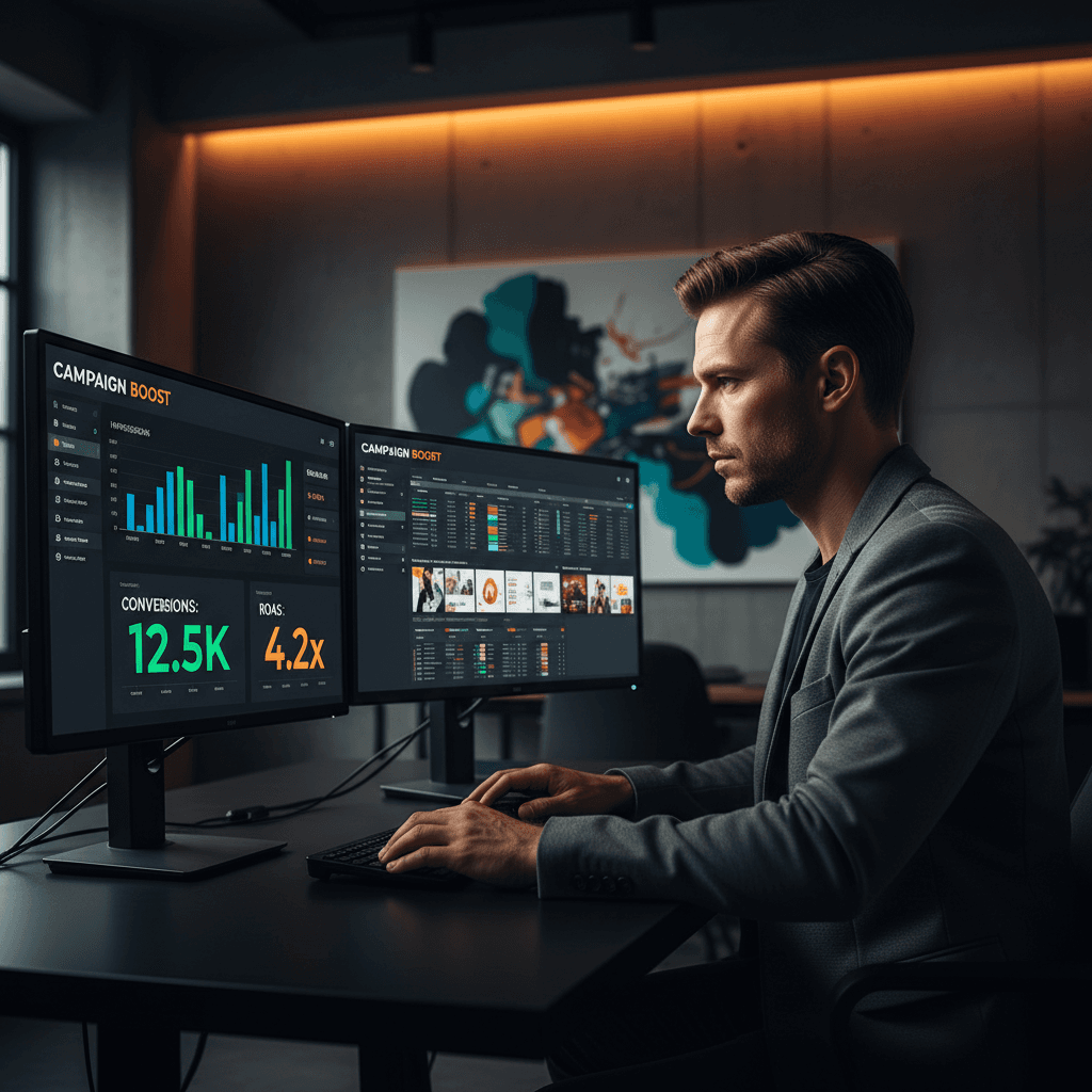 Marketing professional monitoring multi-channel ad campaign performance