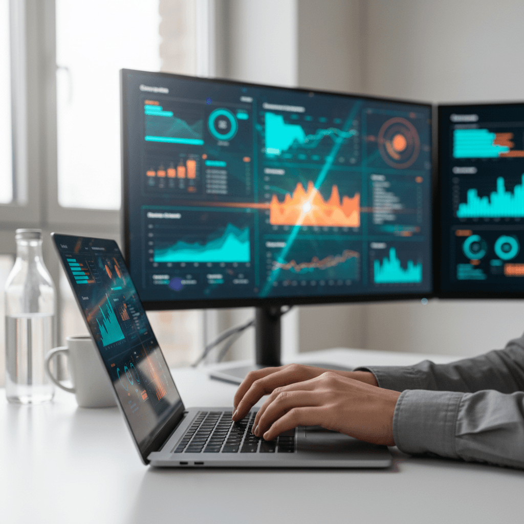 Analytics dashboard on laptop in professional workspace
