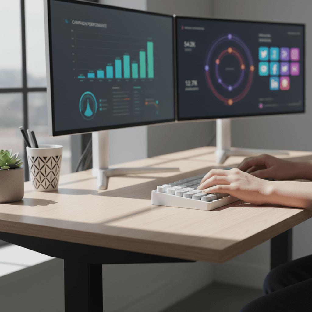 Digital marketing professional analyzing campaign data on multiple monitors
