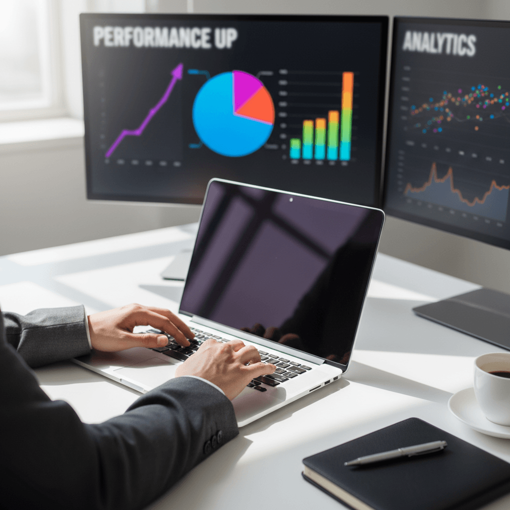 Marketing professional analyzing campaign performance on multiple monitors with analytics dashboards
