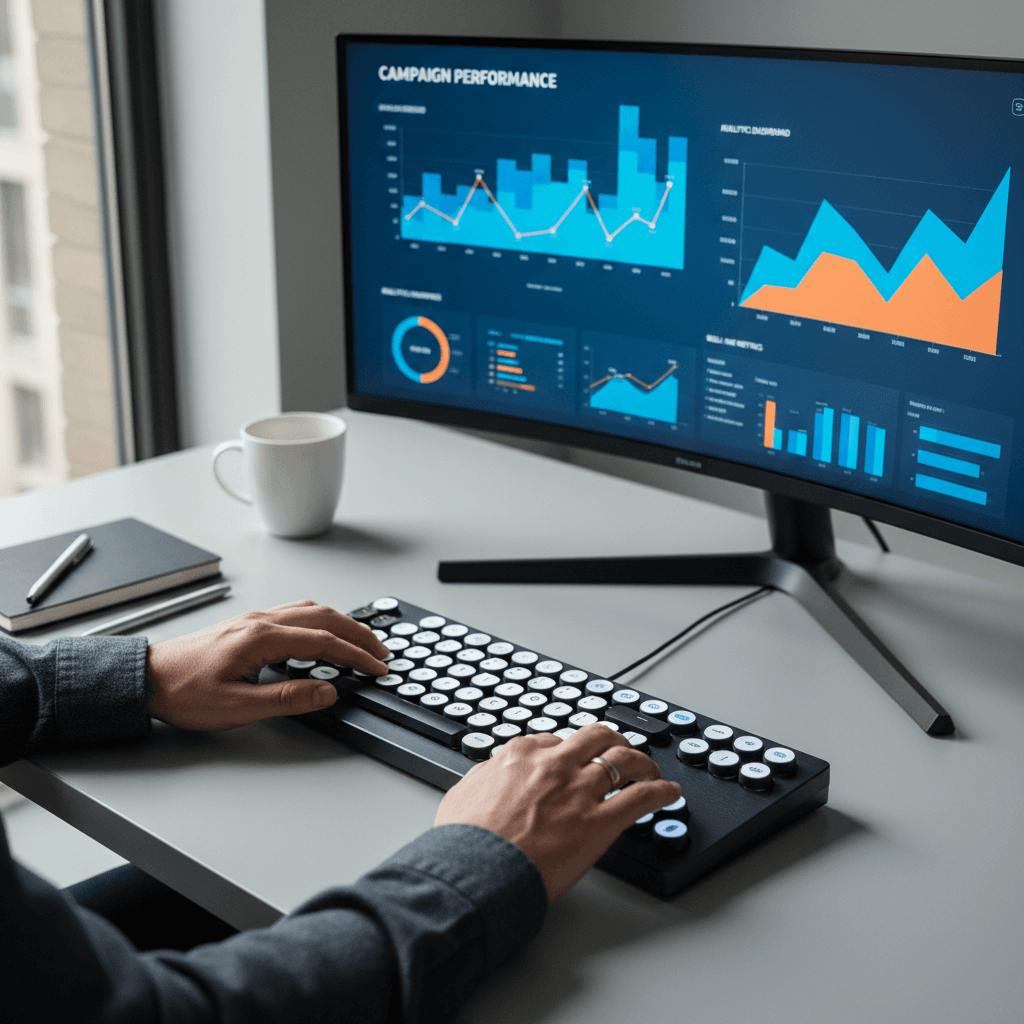 Marketing professional reviewing campaign performance metrics