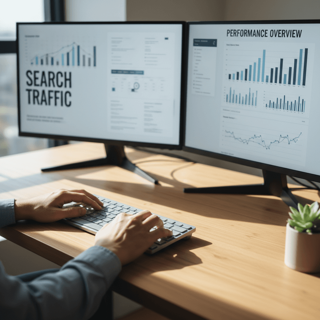 SEO analyst reviewing search rankings and traffic metrics